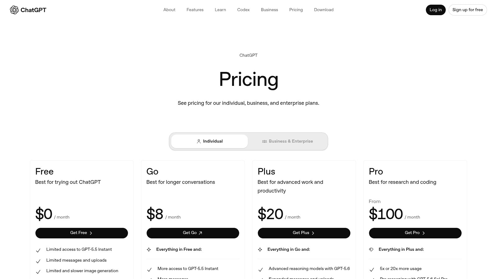 ChatGPT pricing