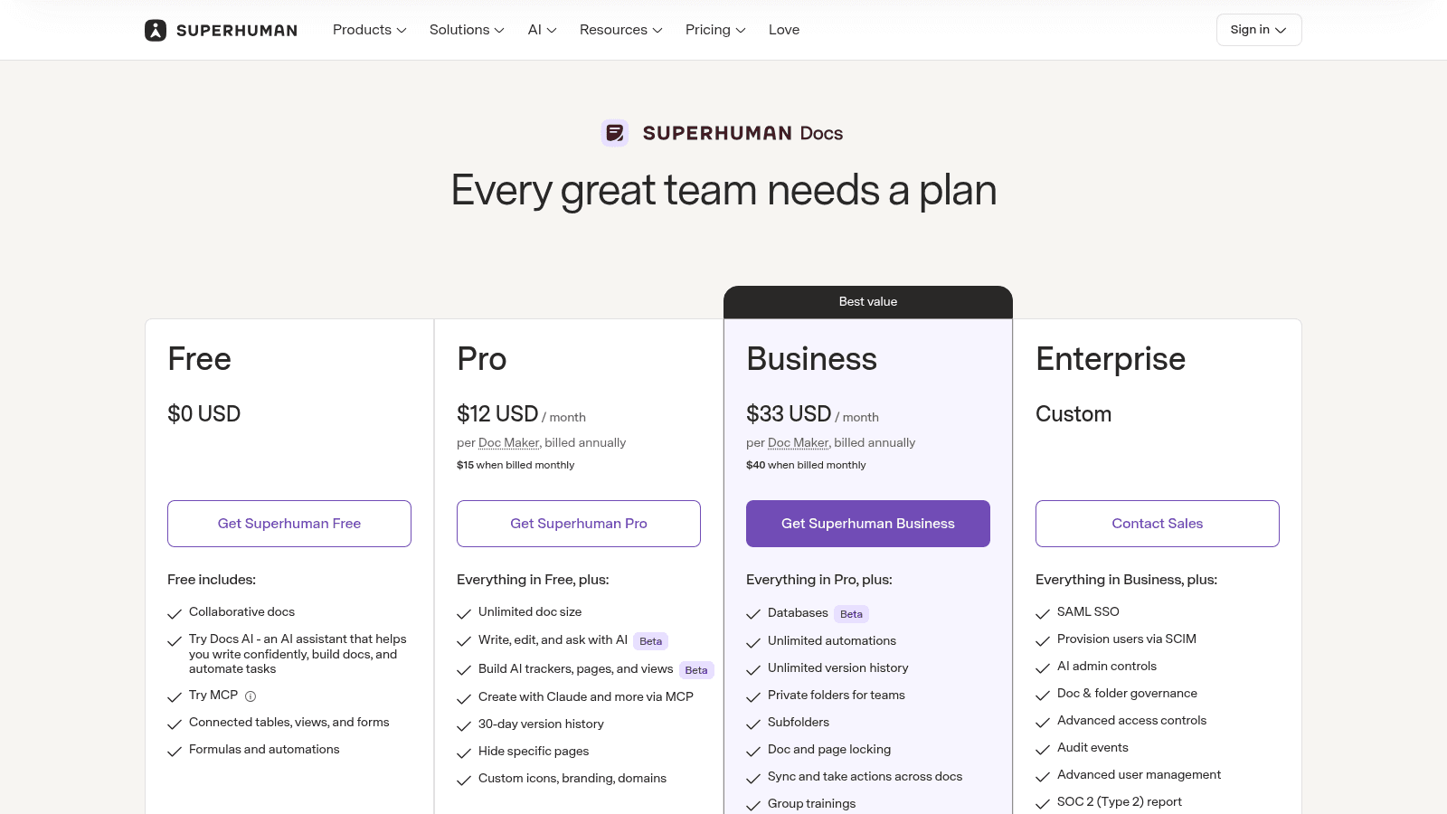 Superhuman Docs pricing, formerly Coda