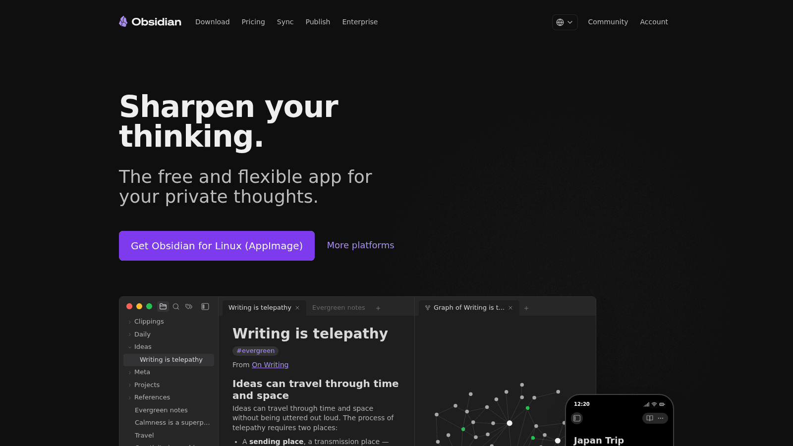 Obsidian's homepage, obsidian.md