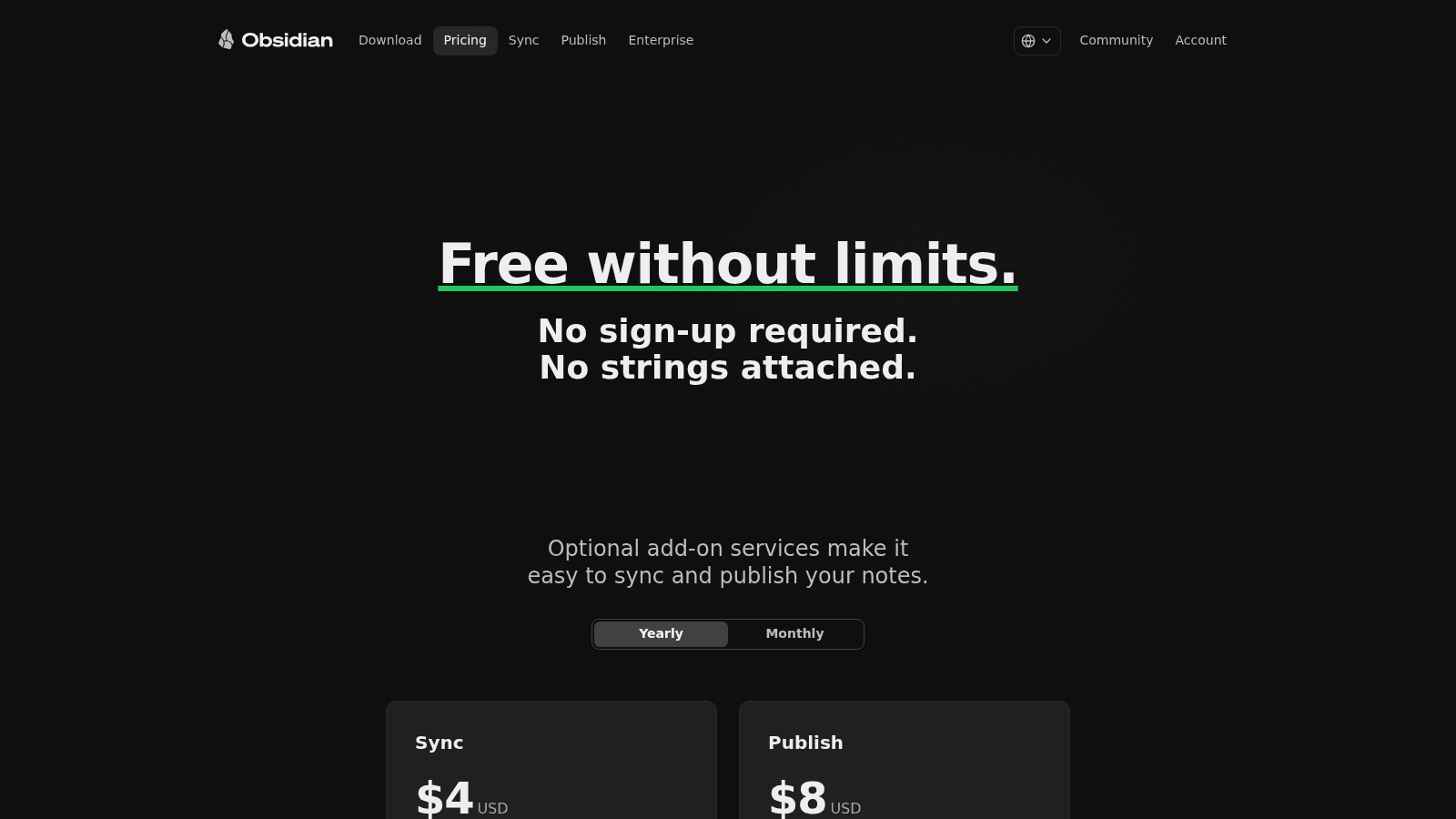 Obsidian's pricing page, obsidian.md